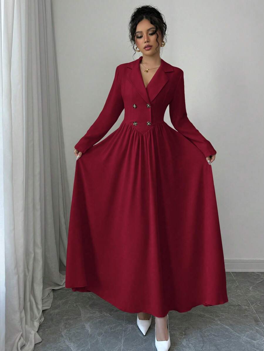 Elenzga Women's Elegant Burgundy Red Maxi Dress: Double-Breasted, Long Sleeve, A-Line Fall Cloth For Women - Burgundy - View 1