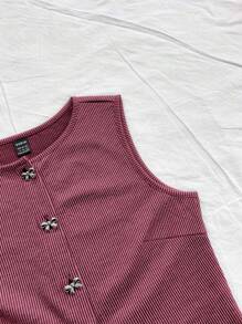 Soleia 女士紫红色针织提花圆领背心，蝴蝶纽扣装饰，侧开衩，女士圣诞服装，女士新年服装，冬季服装，女士生日上衣，女士西装，节日派对 - 紅色 - 查看 4