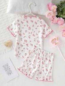 Young Girls Round Neck Short Sleeve Printed Simple Top And Shorts Casual 2 Pieces Set - White - View 2