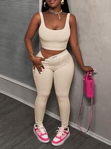 Slaydiva Bộ đồ thể thao cơ bản thường ngày và quần bó cho nữ, áo ba lỗ cổ tròn không tay cắt ngắn có quần bó cạp chun, trang phục mùa hè 2 món - Màu be - Xem 3