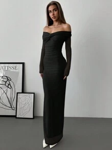 Aloruh Váy suông trễ vai lưới xoắn xếp ly, lãng mạn cho buổi hẹn hò, tay dài - màu đen - Xem 5