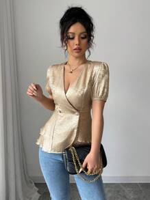 Chiquease 时尚优雅纯色荷叶边下摆短袖女式衬衫