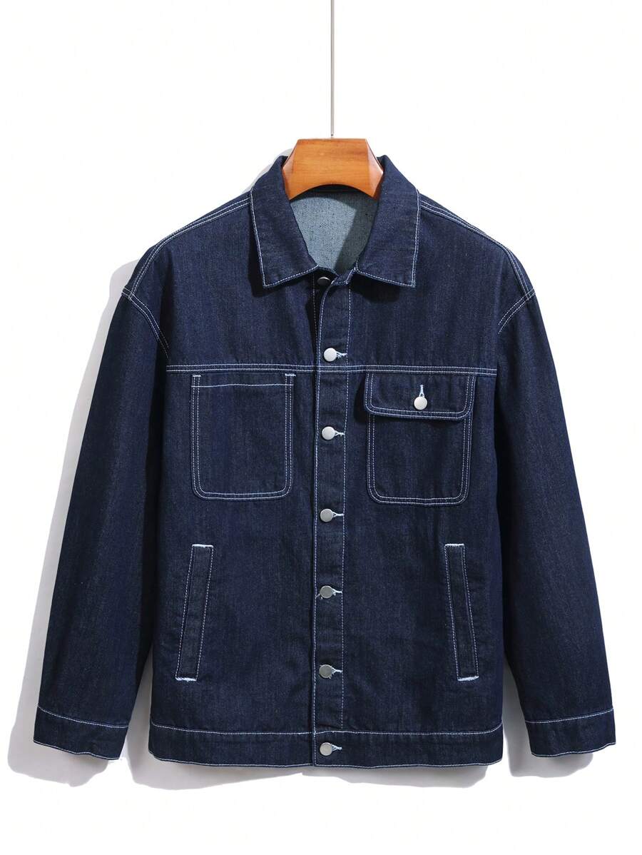 Manfinity Homme Men's Casual Denim Jacket With Single Breasted Pockets, Autumn - Dark Wash - View 1