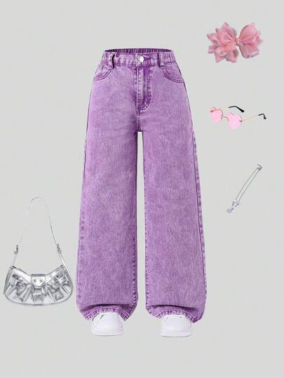 SHEIN Tween Girl Y2K Street Daily Elastic Waist Straight Jeans With Flat Pockets, Girls Daily OOTD Outfits, School, Campus, College