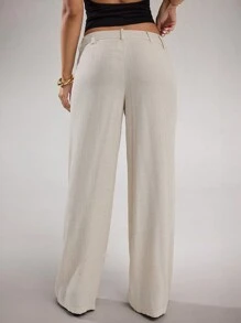 SHEIN BAE 女式杏色纯色亚麻阔腿裤，休闲低腰长裤，适合日常、度假、办公室、春夏季 - 杏色 - 查看 5