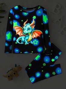 2pcs Young Boy Pajamas Snug Fit, Long Sleeve Top And Long Pants. Glow-In-The-Dark Unicorn Print, Soft And Comfortable Fabric, Simple Design Style For Easy Matching, Playful Design Makes Boys Stylish And Energetic At Home. Suitable For All Seasons (1 Set Sold Separately) - Black - View 1