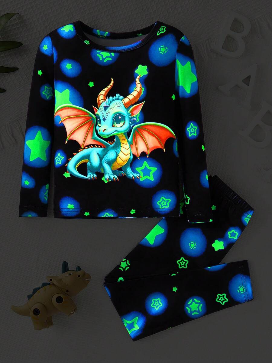 2pcs Young Boy Pajamas Snug Fit, Long Sleeve Top And Long Pants. Glow-In-The-Dark Unicorn Print, Soft And Comfortable Fabric, Simple Design Style For Easy Matching, Playful Design Makes Boys Stylish And Energetic At Home. Suitable For All Seasons (1 Set Sold Separately) - Black - View 1