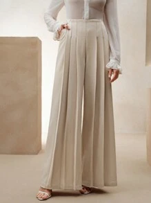 Anewsta Elegant & Fashionable Solid Color Slimming Double Pleat Wide Leg Pants, Women Office - Khaki - View 3