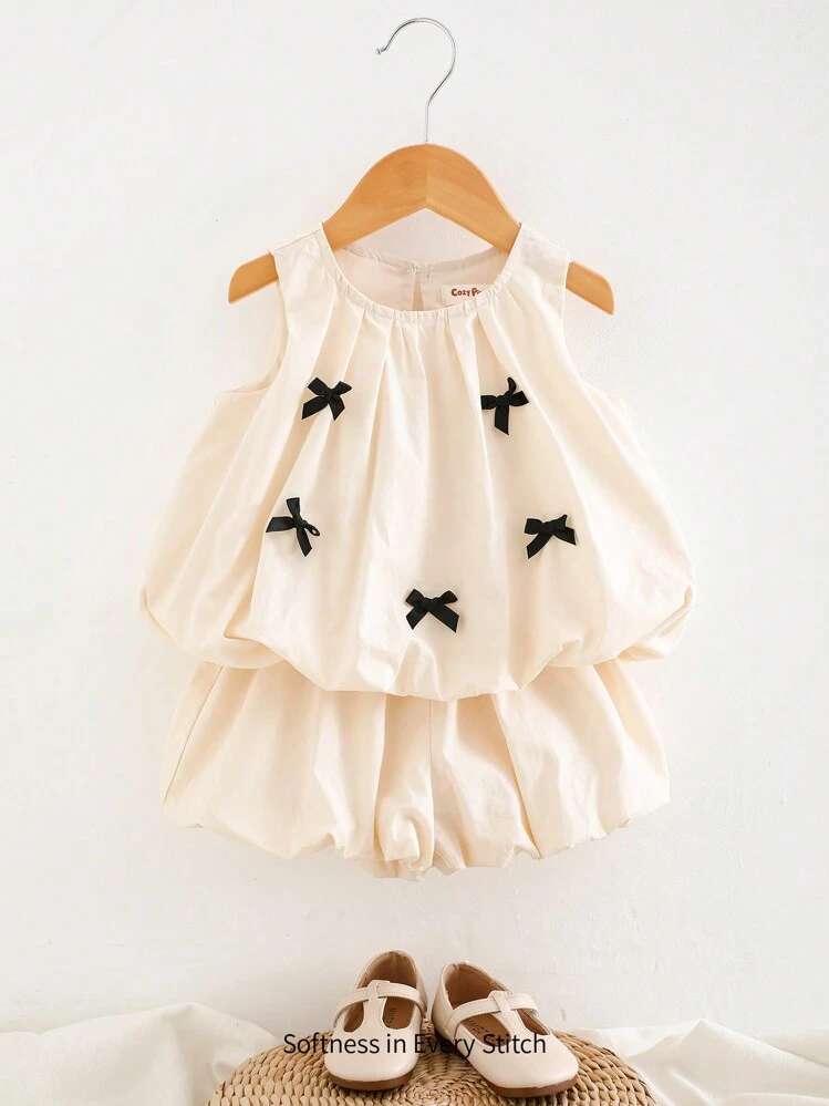 Cozy Pixies 2pcs/Set Baby Girl Bow Decor Round Neck Sleeveless Top And Elastic Waist Shorts Clothes Set - Apricot - View 4