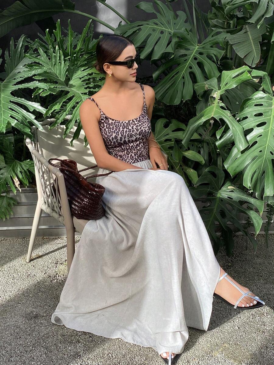 SHEIN Essnce Women's Leopard Print Spaghetti Strap Layered Maxi Dress ...