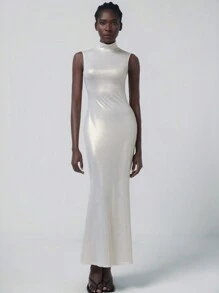 GENKIRA Minimalist Sexy Mermaid Shiny Collared Waisted Bodycon Fish Tail Dress For Women, Sleeveless - White - View 2
