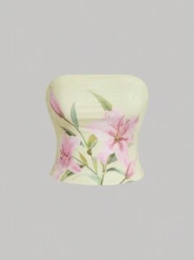 SHEIN MOD 大码女式花卉印花抹胸上衣，春夏 - 黃色 - 查看 1
