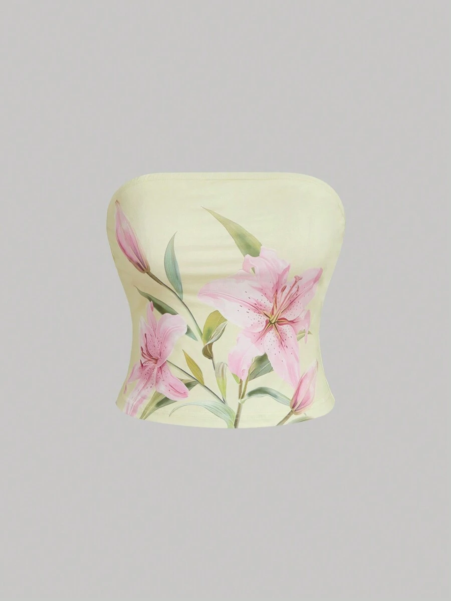SHEIN MOD 大码女式花卉印花抹胸上衣，春夏 - 黃色 - 查看 1