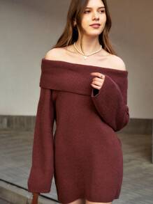 INAWLY Women's Solid Color Off-Shoulder Long Sleeve Loose Casual Knitted Sweater Dress, Autumn/Winter Fall Cloth For Women