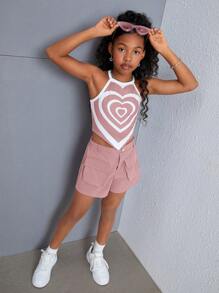 SHEIN SLAYR KIDS Tween Girl Street-Style Heart Print Halter Top And Shorts Set - Dusty Pink - View 5