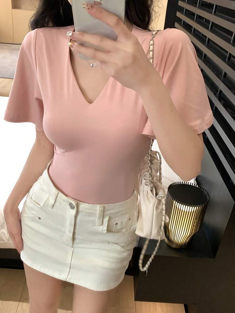 Women's Casual Solid Color Crew Neck Short Sleeve T-Shirt Summer,Ruffle
