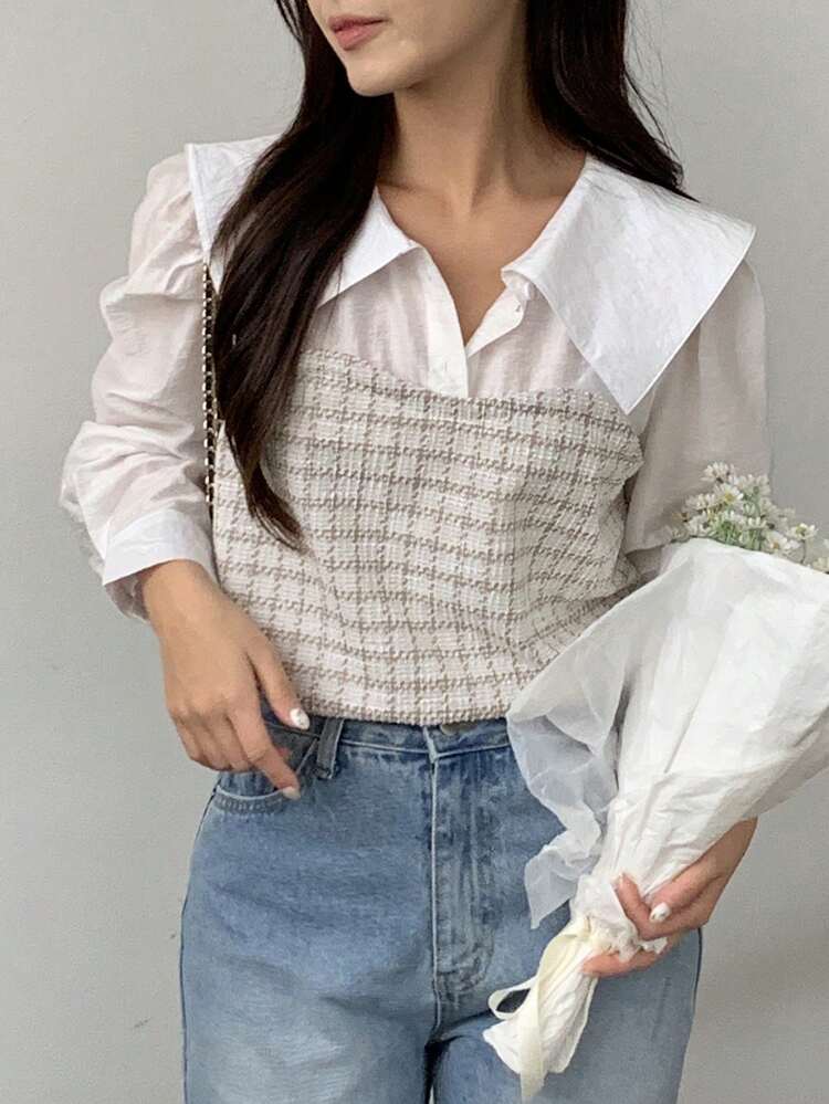 Women's Plaid Casual Loose 2 In 1 Long Sleeve Shirt