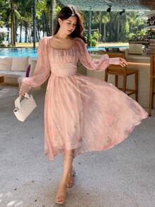 DAZY Vestido de manga larga con cuello cuadrado y estampado floral elegante para mujer - Rosa - Ver 3