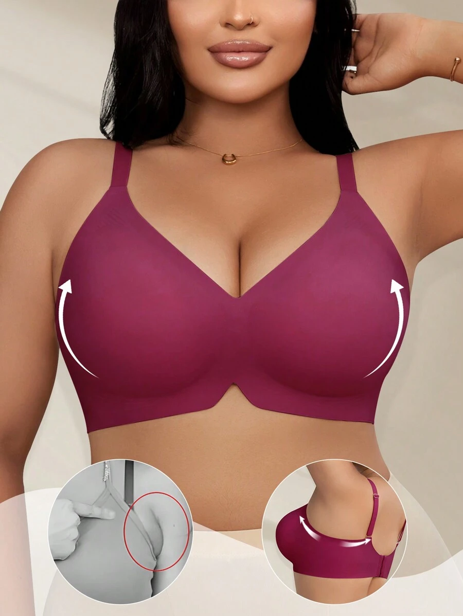 1pc Plus Size Women's Jelly Soft Support Wireless Gather Bra - Red Violet - View 1