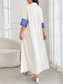 Al Najma 女式花卉印花单排扣七分袖宽松阿拉伯风格连衣裙，端庄 - 藍色 - 查看 2