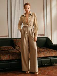 Anewsta Elaire Casual Loose Textured Striped Women Shirt, Old Money, Modest, Summer Gold Shirt Women Earthy Clothes Women Maija Women Clothes Women Blouses - Brown - View 6