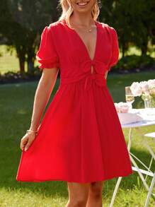 SHEIN VCAY Women's V-Neck Bowknot Decor A-Line Ruffle Hem Casual Vacation Valentine's Day Dress