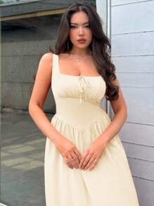 SHEIN Privé Women's Romantic Red Square Neck Long Dress - Apricot - View 3