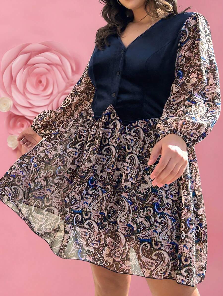 SHEIN LUNE 大码女式休闲灯笼袖撞色佩斯利印花连衣裙情人节外出、节日派对连衣裙 - 彩色 - 查看 1