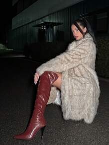 CUCCOO SZL 女士尖头弹性过膝高跟靴，性感细高跟鞋，派对和休闲侧拉链过膝靴，新年假期 - 酒紅色 - 查看 4