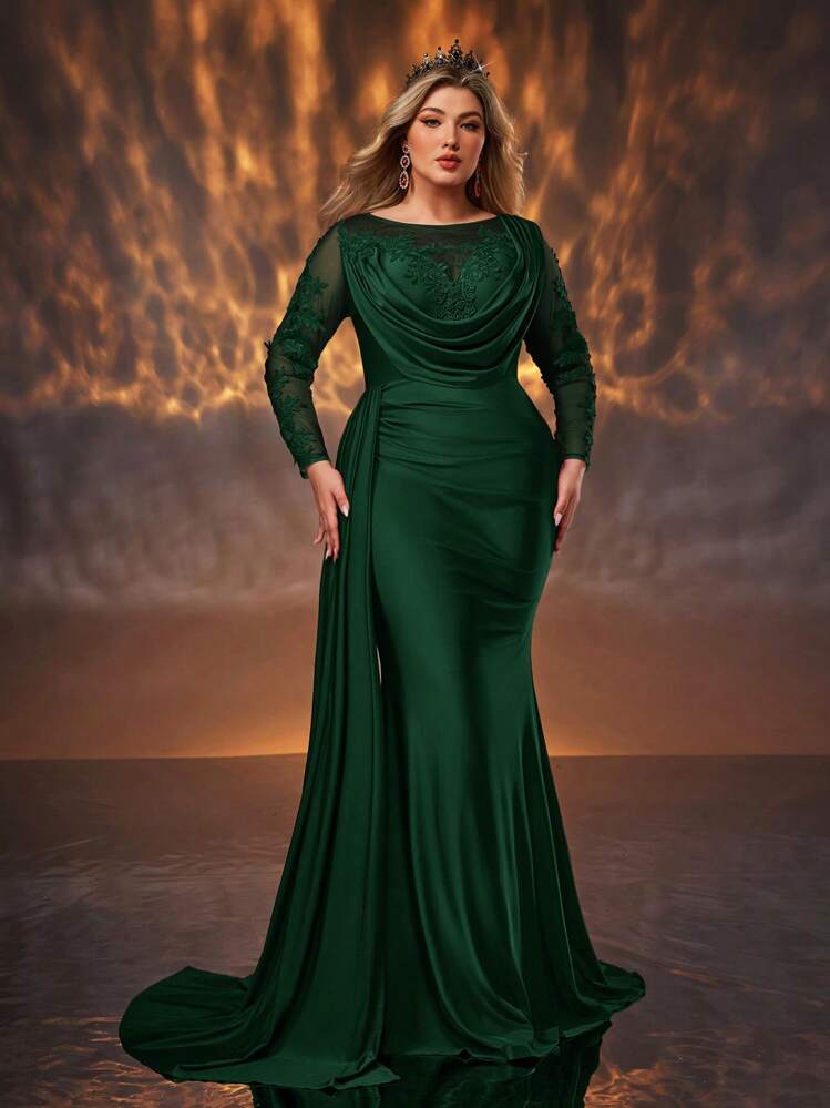 plus size green maxi dress Plus Size Green Satin Tunic Church Long Sleeve Maxi Dress