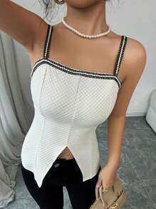 Elenzga Women Contrast Color Stitching Minimalist Spaghetti Strap Camisole, Casual Daily Wear - Apricot - View 3