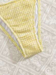 Swim Mod 春假女士两件套泳衣套装，芥末黄针织面料露肩简约优雅女士沙滩比基尼 - 黃色 - 查看 4