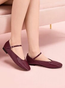 CUCCOO DOLLMOD 酒红色圆头芭蕾平底鞋，带可调节绑带，舒适一脚蹬日常休闲乐福鞋，适合女士