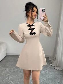 Calvaya Apricot Colored A-Line Dress With Mandarin Button Decoration, Waist Gathered