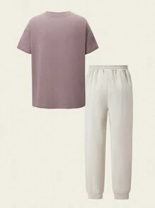 SHEIN 2 件套青少年男孩学院风字母和“Love Yourself”图案印花圆领 T 恤和休闲裤 - 卡其色 - 查看 2