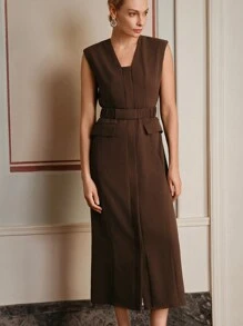 Anewsta Elaire Retro Elegant Elastic Waistband Open Placket Suit Sleeveless Dress Old Money - Brown - View 3
