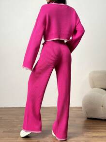 Muchica 2pcs/Set Women Contrast Trim Sweater And Extra Long Pants Set - Hot Pink - View 2