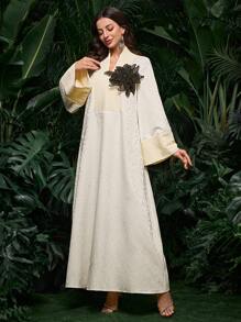 Al Najma Elegant Plain Color Handmade 3D Floral Turkish Long Dress, Kaftan & Jalabiya Fall Cloth For Women - Apricot - View 7