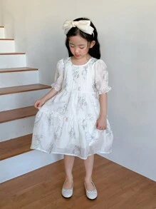 DAZY Young Girl Girls Ditsy Floral Princess Style Short Sleeve Casual Dress For Summer - Beige - View 2