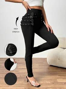 Chiquease 时尚高腰金属装饰扣紧身女式紧身裤，随机花卉图案 - 黑色 - 查看 8