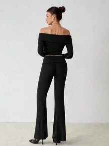 SHEIN Tall 2 pièces Ensemble mode femme avec top court à manches longues et épaules dénudées et pantalon évasé