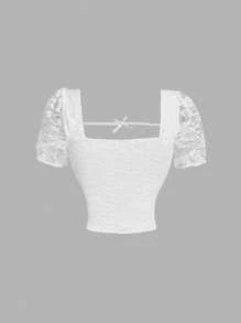 SHEIN MOD White Elegant T-Shirt With Lace Front Bow, Summer Date T-Shirt, Romantic T-Shirt, Vacation T-Shirt, Beach Vacation Wear