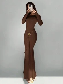 Aloruh Elegant Off-Shoulder Metal Bow Decor Long Dress For Women,Tea Party Dress