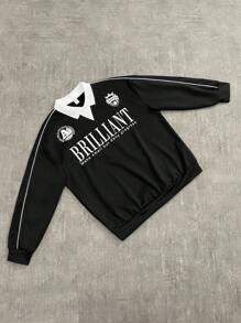 SHEIN 青少年男孩宽松休闲运动字母图案 Polo 领长袖衬衫 - 黑色 - 查看 1