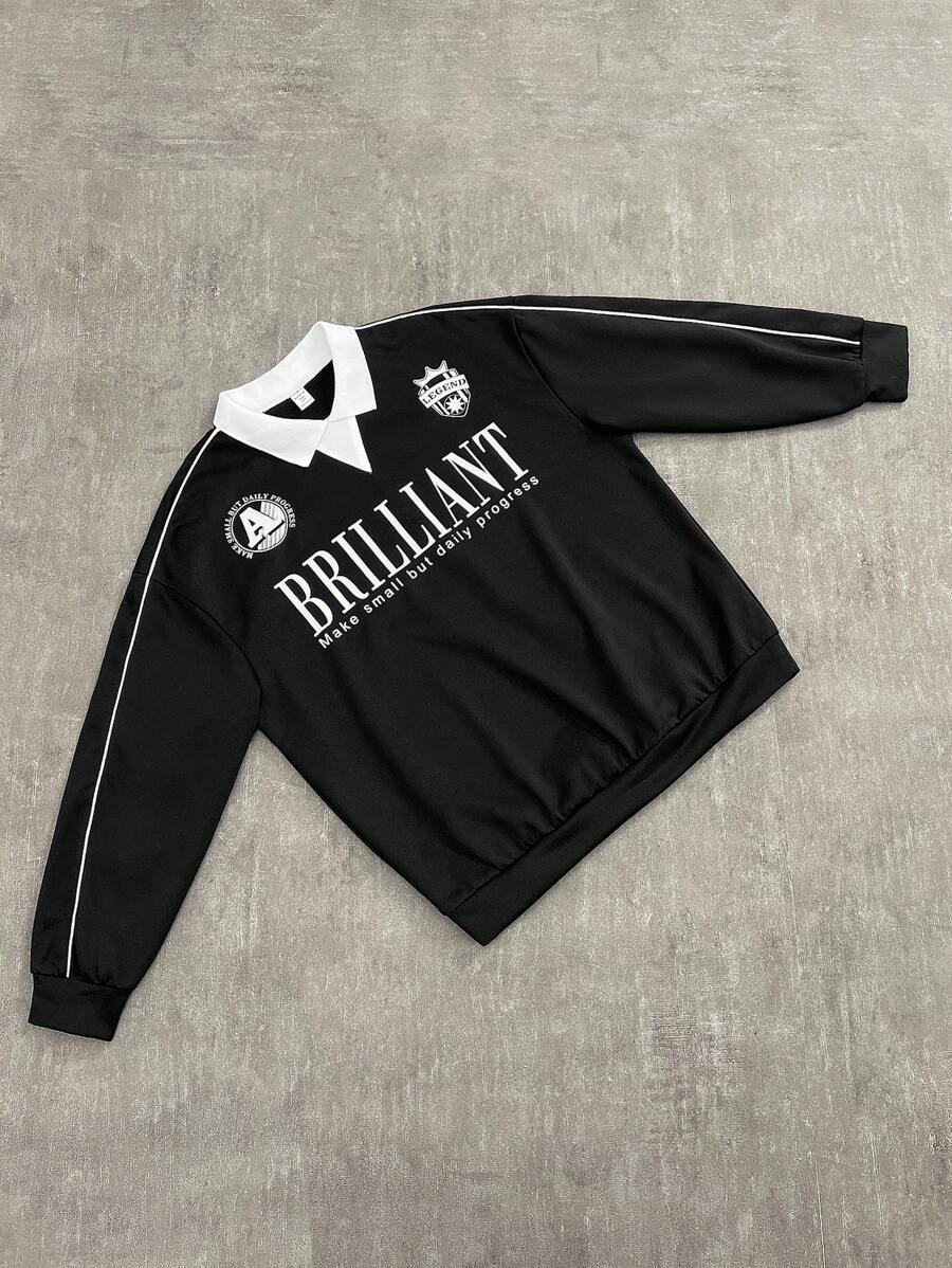 SHEIN 青少年男孩宽松休闲运动字母图案 Polo 领长袖衬衫 - 黑色 - 查看 1