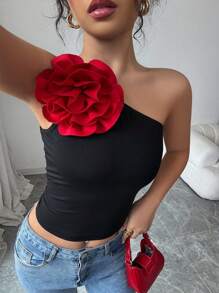 Rafferiza Casual Sexy Knit 3D Floral Color Block Oblique Collar Asymmetrical Neck Camisole Top For Women