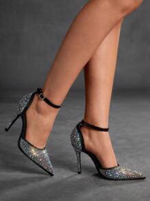 CUCCOO SZL High Heel Pointed Toe Rhinestone Hollow Out Stiletto Heeled Women Sandals, Banquet Stage French Toe Fully Rhinestone Embellished Spring Shoes Spring Break Easter For Christmas Spring Shoes - Black - View 10