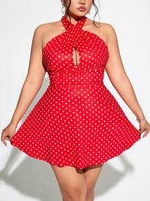 SHEIN ICON Vestido rojo con lunares de escote halter y espalda descubierta, talla grande, atuendo para el Día de San Valentín de verano - Rojo y blanco - Ver 1