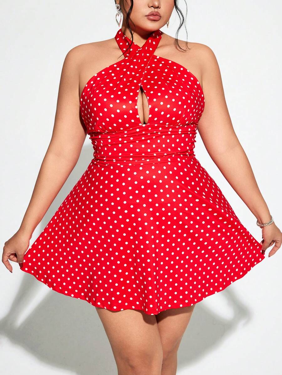 SHEIN ICON Vestido rojo con lunares de escote halter y espalda descubierta, talla grande, atuendo para el Día de San Valentín de verano - Rojo y blanco - Ver 1