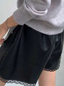 DAZY Women's PU Leather Waist Elastic Lace Splice Shorts, All Season - Black - View 2